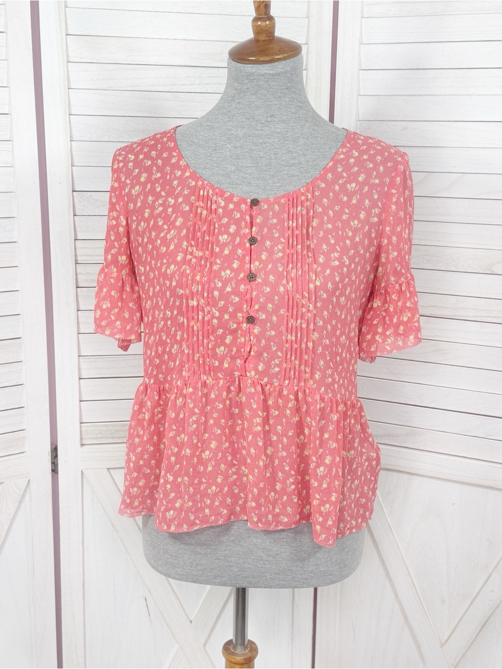 J.Crew Y2K Floral Silk Chiffon Pinktuck Pleat Peplum Blouse Top Coral XS